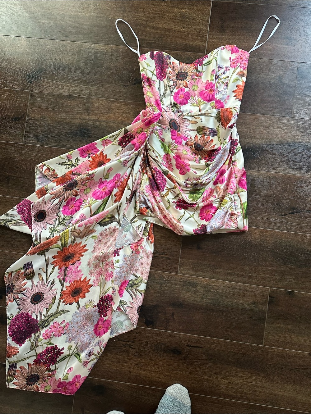 Katie May Strapless Floral Prom Gown in White, Pink, Orange, Green